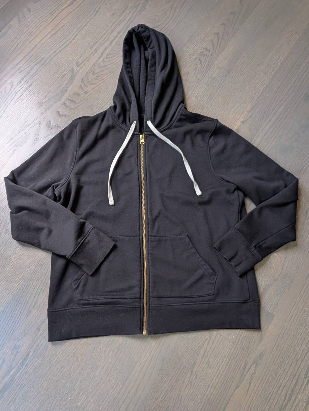 Old Navy Black Zip Hoodie with White Drawstrings and Gold Zipper, Large